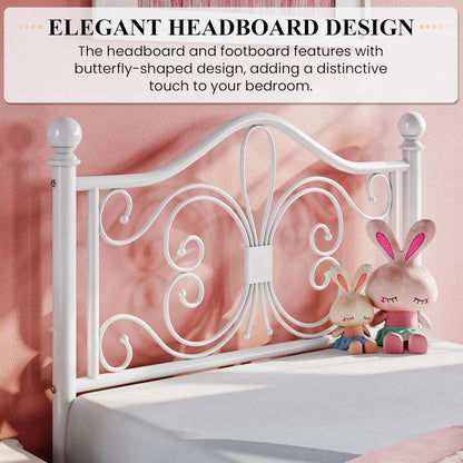 Twin Size Bed Frame for Kids Metal Bed Frame with Butterfly Pattern Design Headboard & Footboard No Box Spring Needed