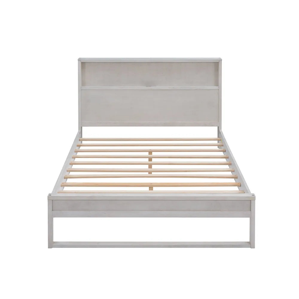 Cama de plataforma con cabecero con espacio de almacenamiento, enchufes y puertos USB, cama de plataforma de tamaño completo, cama para niños en color blanco antiguo