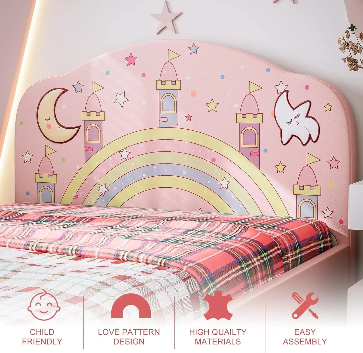 Cama infantil de tamaño doble, estructura de cama tapizada con plataforma doble y cabecera curva, cama infantil de princesa rosa