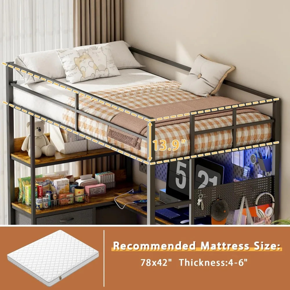 Cama alta con escritorio, cama alta de metal tamaño twin con luces LED y estación de carga, 6 estantes de almacenamiento y 3 cajones de tela, camas