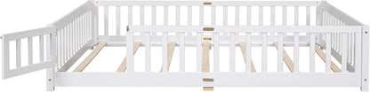 Queen Size Floor Bed Frame for Toddler Wood Montessori Beds with Fence Railings Kids, Fun Toddlers Boys Girls, White