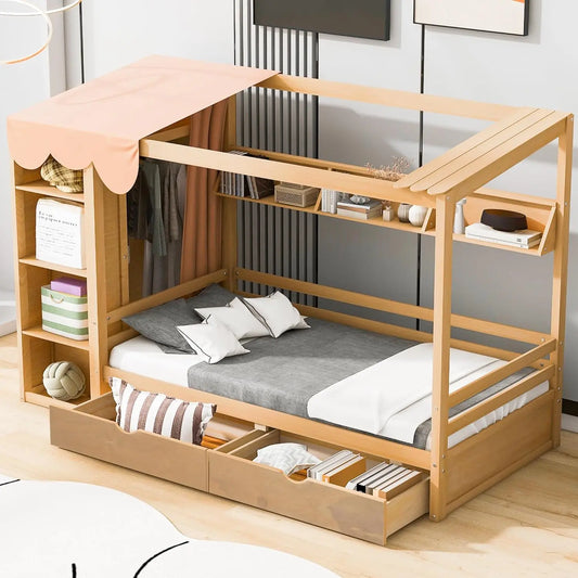 Merax Twin Size House Bed Frame with 2 Drawers, Built-in Wardrobe, Storage Shelves, Guardrail and Curtain, Wooden Bed for Kids