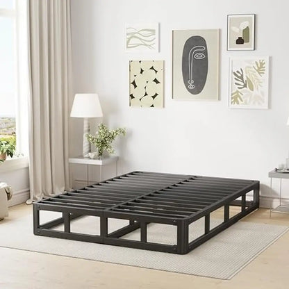 Queen Size Metal Platform Bed Frame 7 Inch Easy Assembly Noise Free Low Profile Safety Design Sturdy Steel Slats No Box Spring