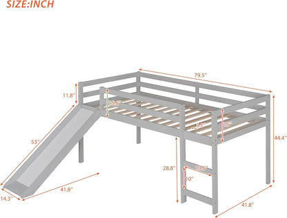 Cama alta con tobogán y escalera para niños, cama alta, cama doble de madera para niños con tobogán, diseño multifuncional, cama de perfil bajo de madera