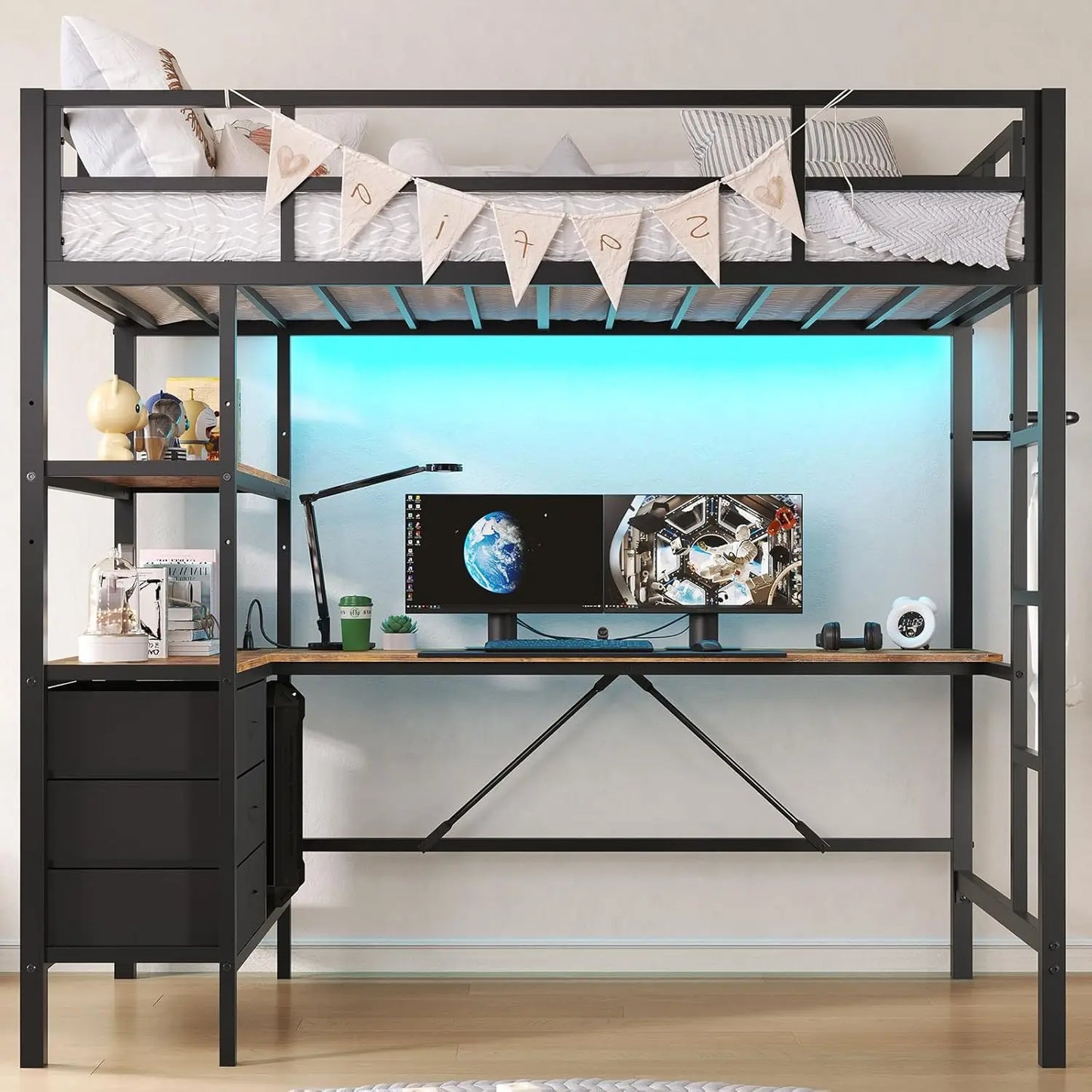 Lit mezzanine double en métal avec bureau en L, lumières LED, station de charge Cadre de lit mezzanine LED pour lit double avec 3 étagères de rangement et 3 tiroirs