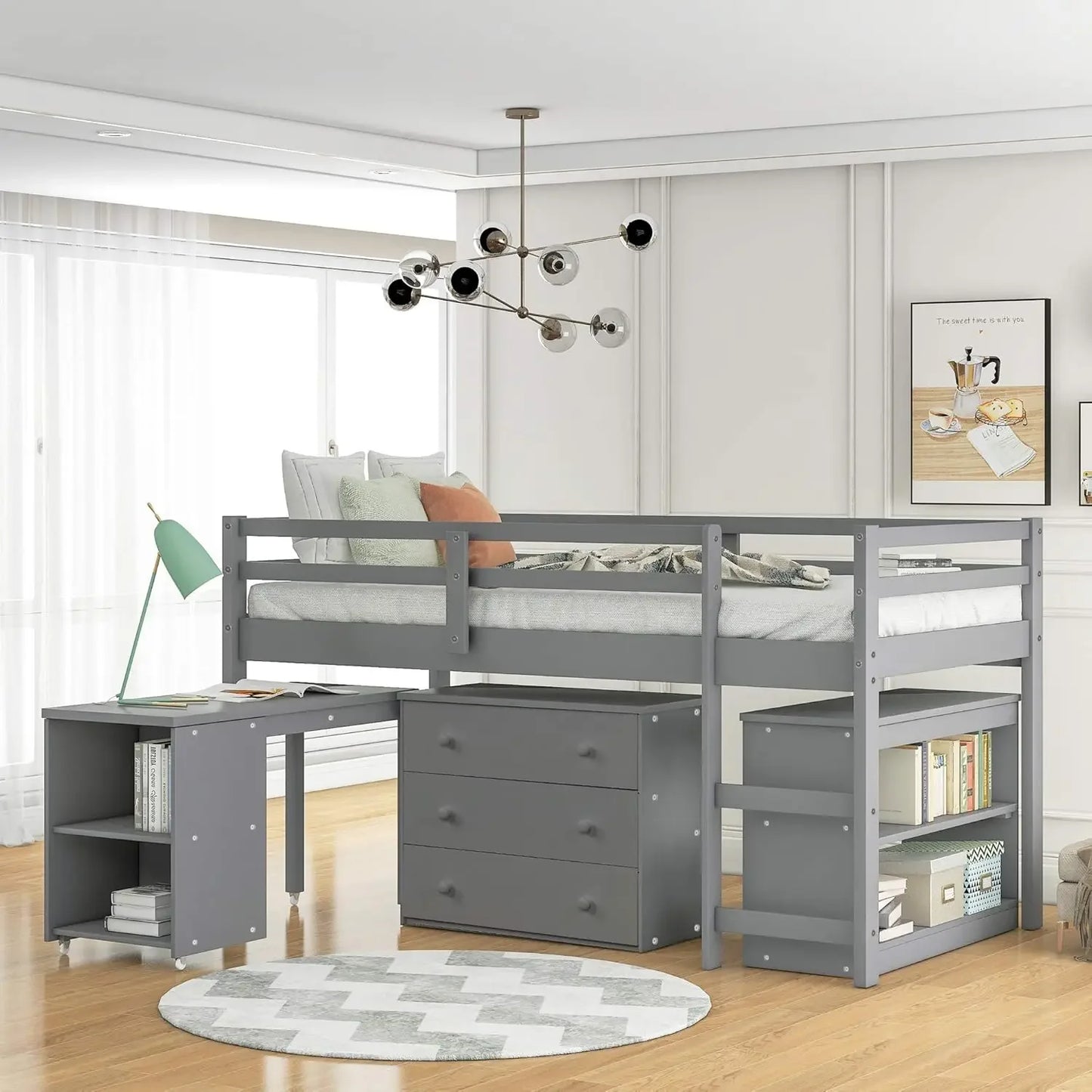 Cama baja tipo loft de madera maciza de tamaño doble con escalera para niños, litera, armario y escritorio, color gris puro