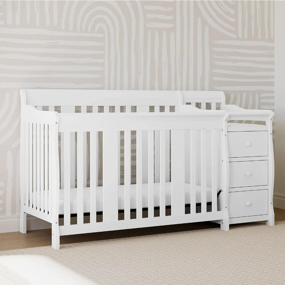 Storkcraft Portofino 5-in-1 Convertible Crib and Changer (White) – Changing-Table Combo with Drawer, Converts to Toddler Bed,