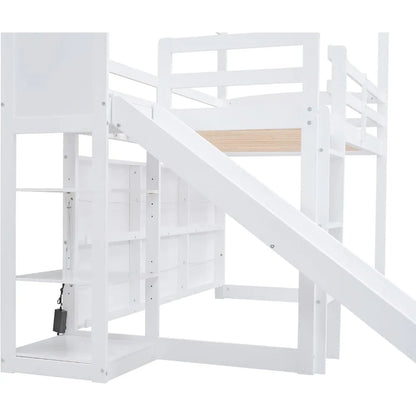 Lit mezzanine double avec toboggan, étagères de rangement et éclairage, rampe d'escalade, cadre de lit mezzanine bas, pour chambre d'enfants garçons filles