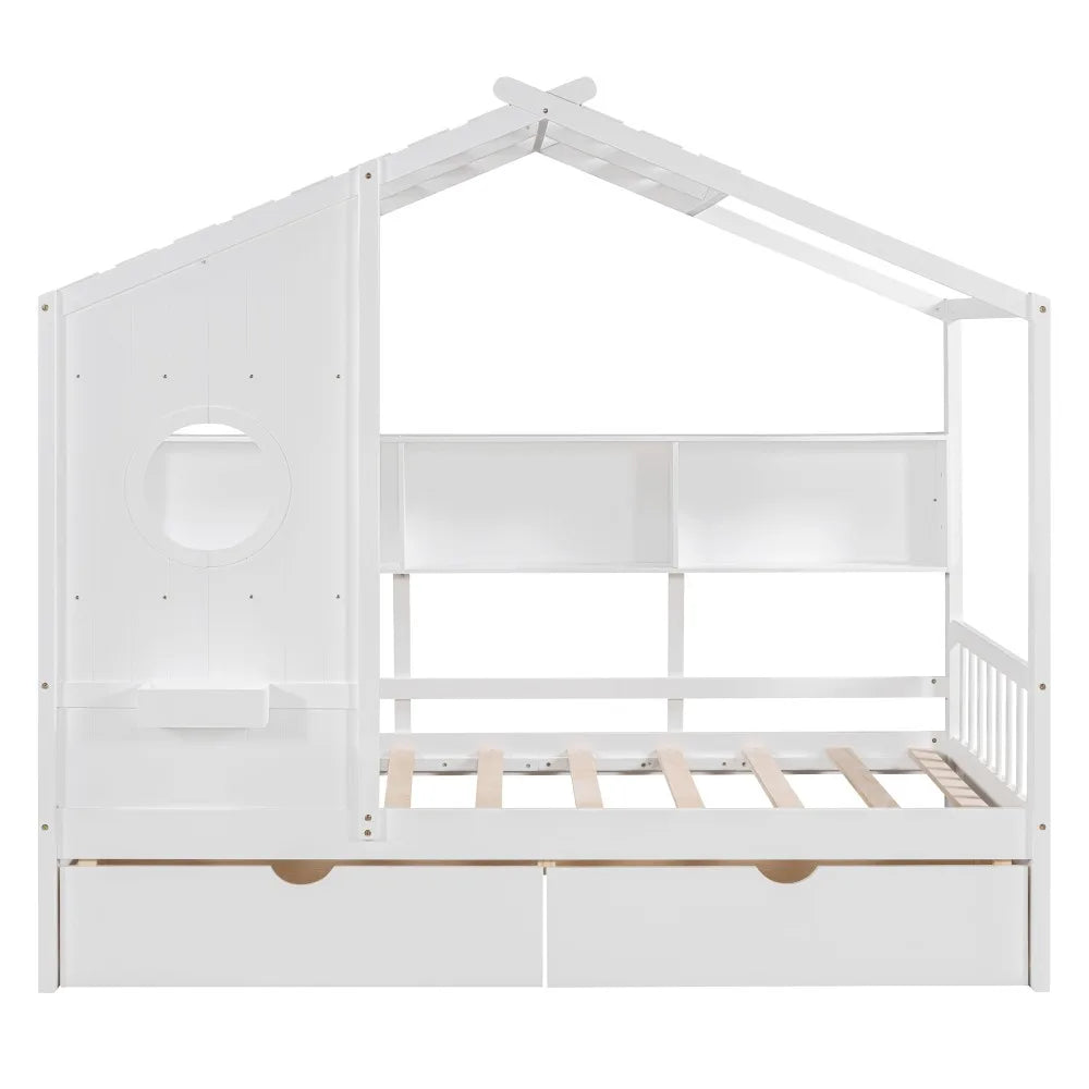 Lit double en bois avec 2 tiroirs, lit pour enfants avec étagère de rangement Un meilleur environnement de sommeil Gain de place