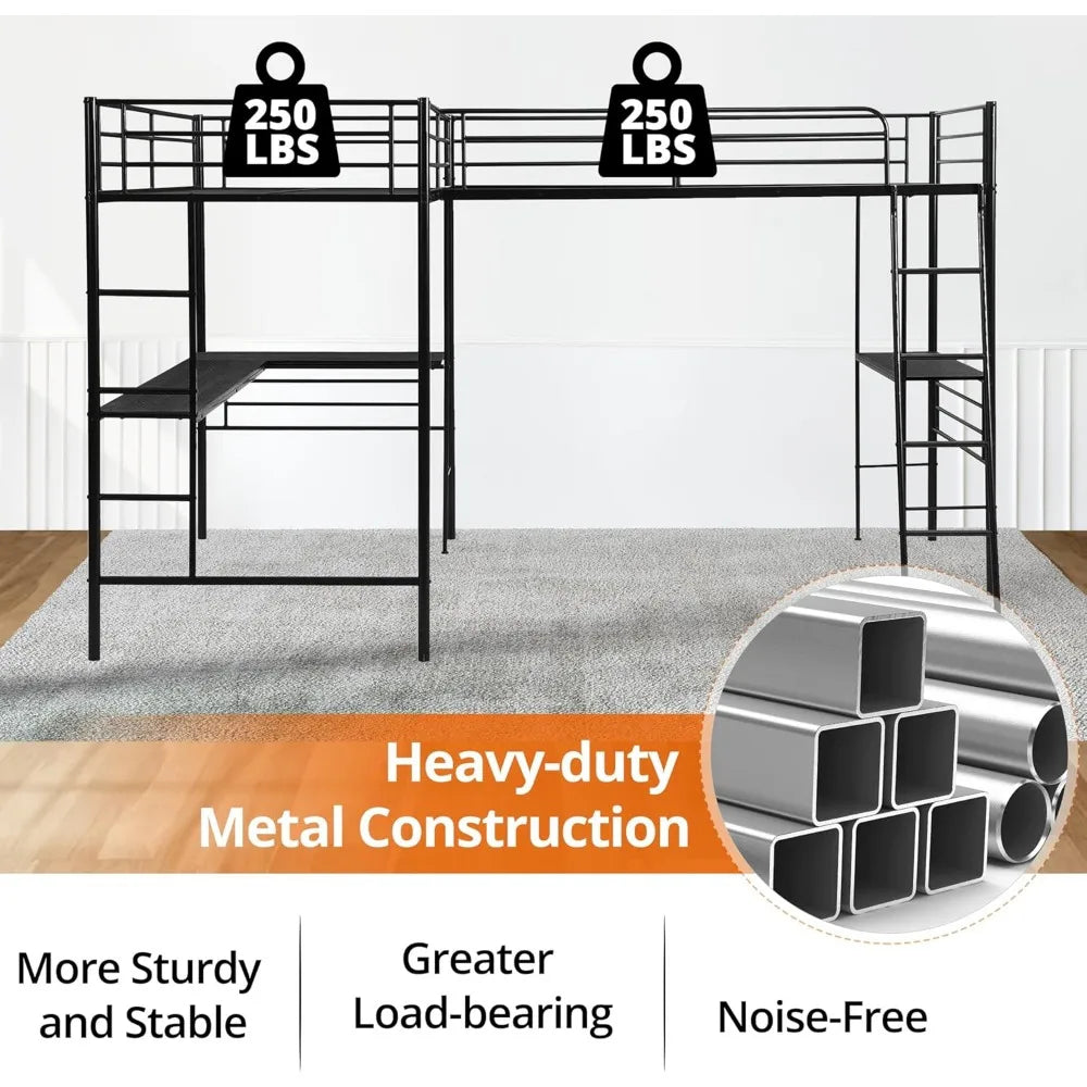 Twin Size L-Shaped Loft Bed with 2Built-in Desks,Metal Loft Corner Bed with 2 Ladders and Safety Guard Rail,Heavy-Duty Bunk Beds