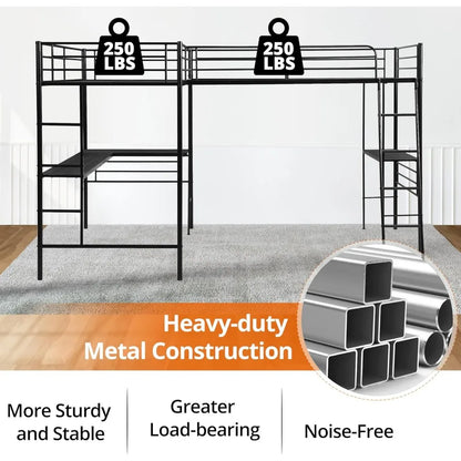 Lit mezzanine double en L avec 2 bureaux intégrés, lit mezzanine d'angle en métal avec 2 échelles et barrière de sécurité, lits superposés robustes