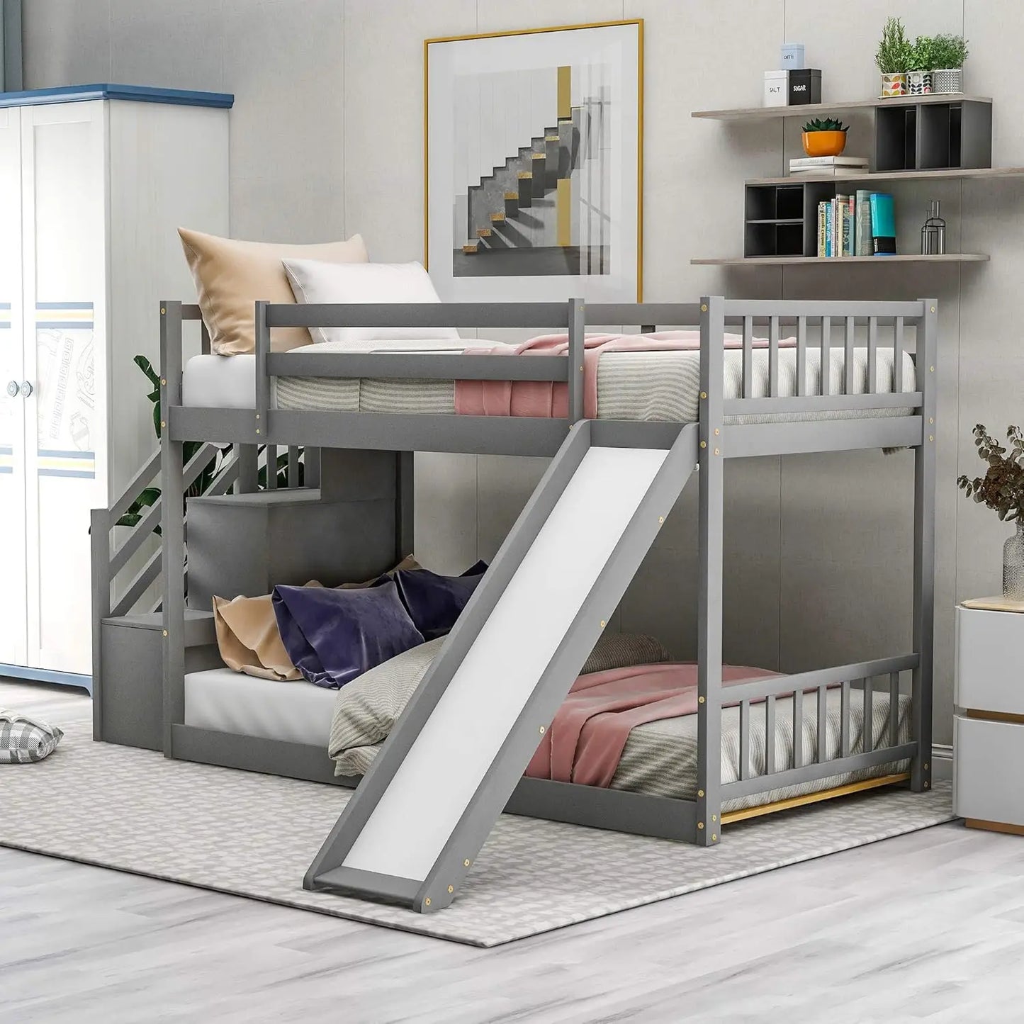 Litera baja de madera maciza para niños, cama individual sobre litera de piso doble con tobogán y escalera con estantes de almacenamiento, pasamanos gris