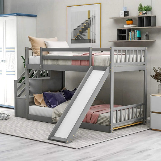 Solid Wood Low Bunk Bed for Kids Twin Over Twin Floor Bunk Bed with Slide and Stair Stairway with Storage ShelvesHandrail Gray