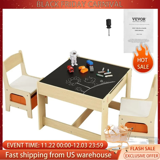 Kids Table and Chair Set, 3 in 1 Wooden Activity Table with Storage Space and Boxes, Detachable Tabletop Kids Play Table