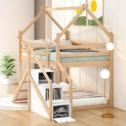 Litera Merax Twin sobre Twin con tobogán y escaleras de almacenamiento para 2 niños, niñas y adolescentes, estructura de cama tipo casa de madera y cama de tamaño completo