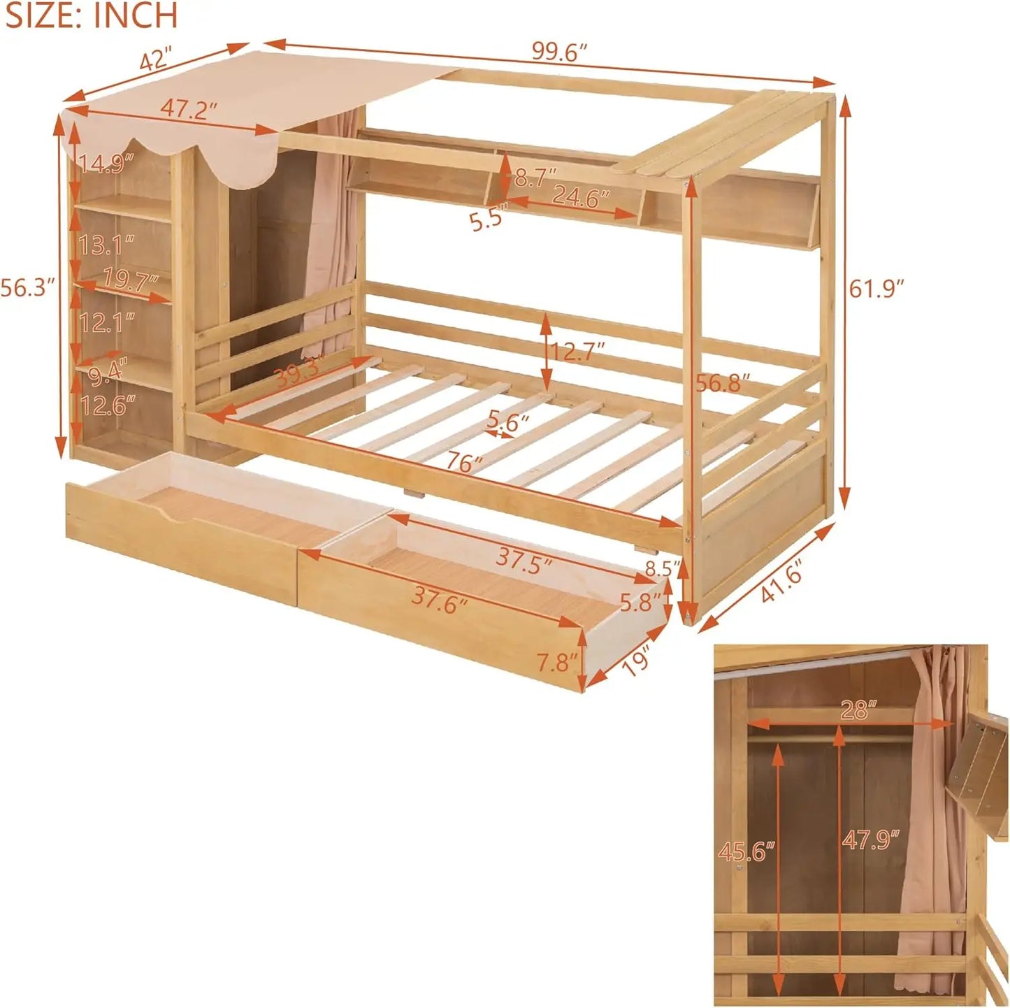 Merax Twin Size House Bed Frame with 2 Drawers, Built-in Wardrobe, Storage Shelves, Guardrail and Curtain, Wooden Bed for Kids