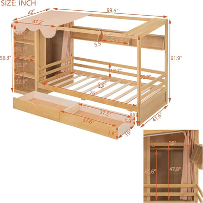 Merax Twin Size House Bed Frame with 2 Drawers, Built-in Wardrobe, Storage Shelves, Guardrail and Curtain, Wooden Bed for Kids