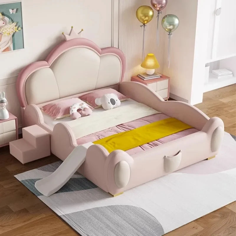 Cama doble de princesa suave para niñas, moderna cama tipo loft de cuero de lujo para niños, camas tamaño queen para bebés, muebles de dormitorio