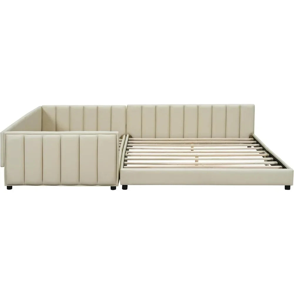 SOFTSEA Queen Size Upholstered Grounded Bed with Twin XL Bed, Extra Large Mother & Child Bed with Headboard and Footboard