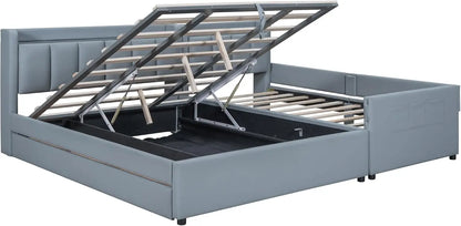 Lit rembourré pour mère et enfant, lit plateforme Queen Size et Twin XL avec système de rangement hydraulique, tiroir-caisse,