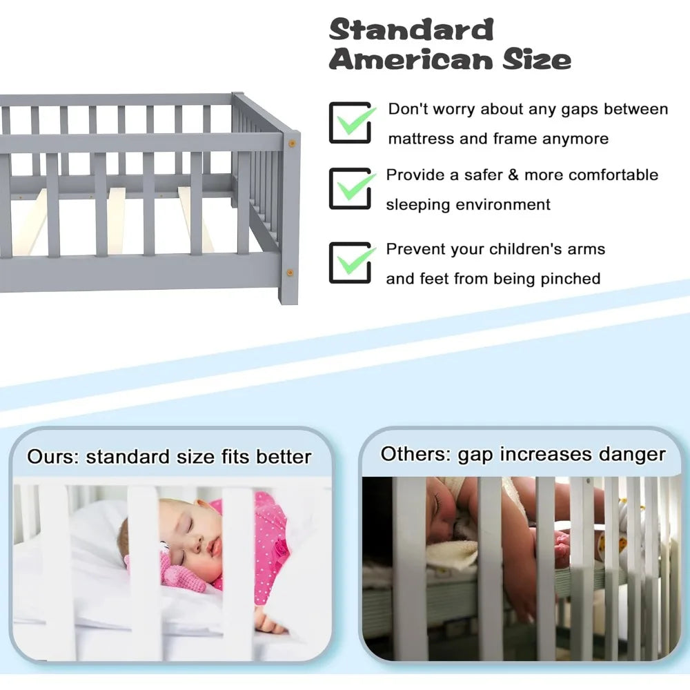 Twin Size Floor Bed for Kids,Wood Floor Beds with Guardrails&Detachable Door,Multifunctional Bed Frame with Slats for Boys Girls