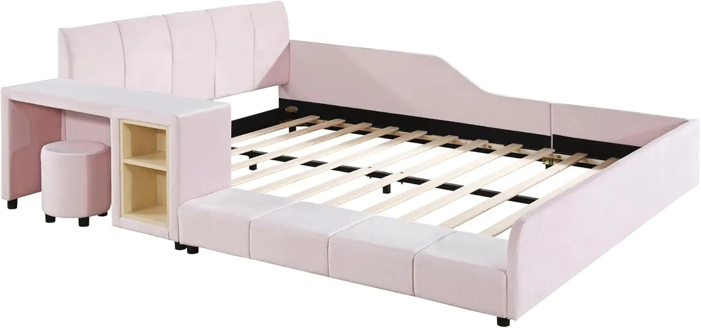 Cama Queen tapizada Softsea con plataforma para madre e hijo, mesita de noche y taburete redondo pequeño, tela de terciopelo