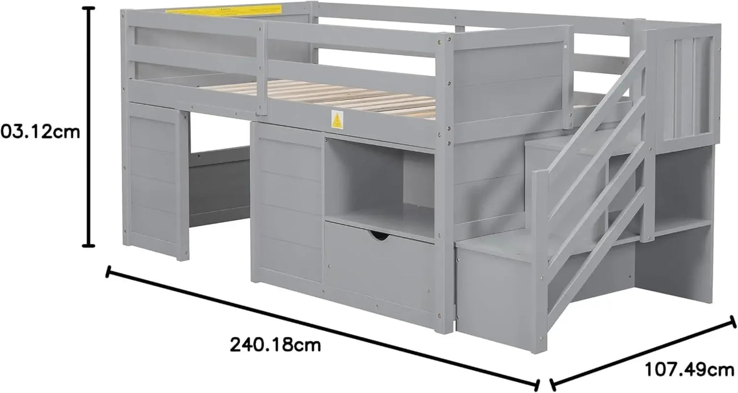 Cama alta baja Okak de tamaño doble con estructura de cama alta tipo casita de juegos con cajón, estante, escaleras y barandilla de seguridad para adolescentes, niñas o