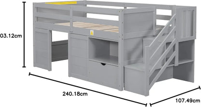 Cama alta baja Okak de tamaño doble con estructura de cama alta tipo casita de juegos con cajón, estante, escaleras y barandilla de seguridad para adolescentes, niñas o