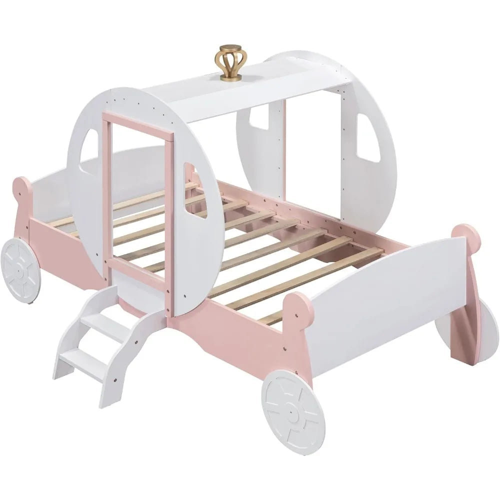 Marco de cama tipo carruaje de princesa de tamaño doble para niños, niñas y niños pequeños con corona, plataforma de madera, cama tipo carruaje con escalera, muebles para niños