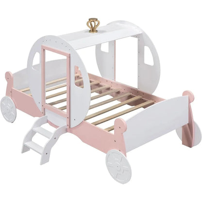 Twin Size Princess Carriage Bed Frame for Boys Girls Kids Toddler with Crown,Wood Platform Car Bed with Stair Children Furniture