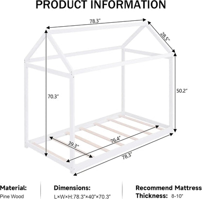 Wood House Bed,Floor Bed with Wood Slats,No Box Spring Needed,Twin Size, White