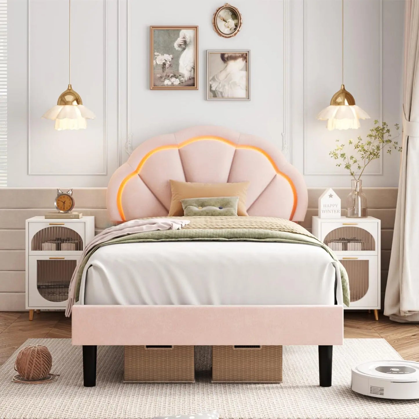 Twin Upholstered Smart LED Bed Frame with Adjustable Chic Petal Headboard, Princess Twin Size Platform Bed Frames for Kids