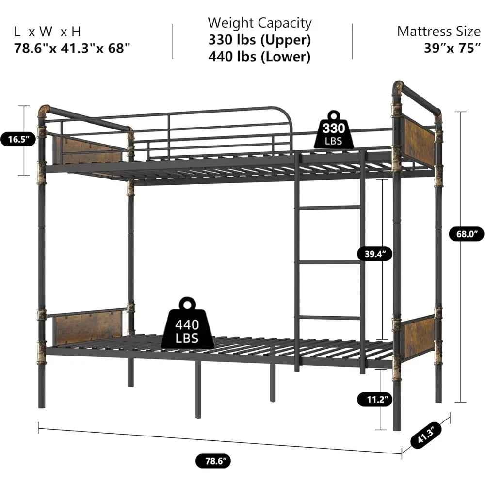 Lit superposé en métal 2 en 1, lits superposés jumeaux convertibles en 2 lits jumeaux individuels pour enfants et adultes, garde-corps de 16,5" de hauteur