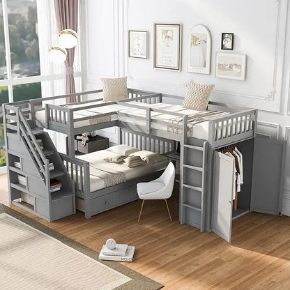 Lit superposé Twin-TwinOverFull en L avec bureau, lit triple pour enfants avec armoireLit superposé en bois avec 3 tiroirs et échelles pour enfants