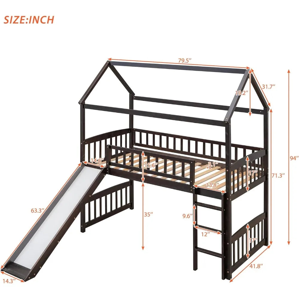 Twin Size Loft Bed with Slide, House Shaped Solid Pine Wood Frame w/Safety Guardrail & Ladder, No Box Spring Needed, Save Space