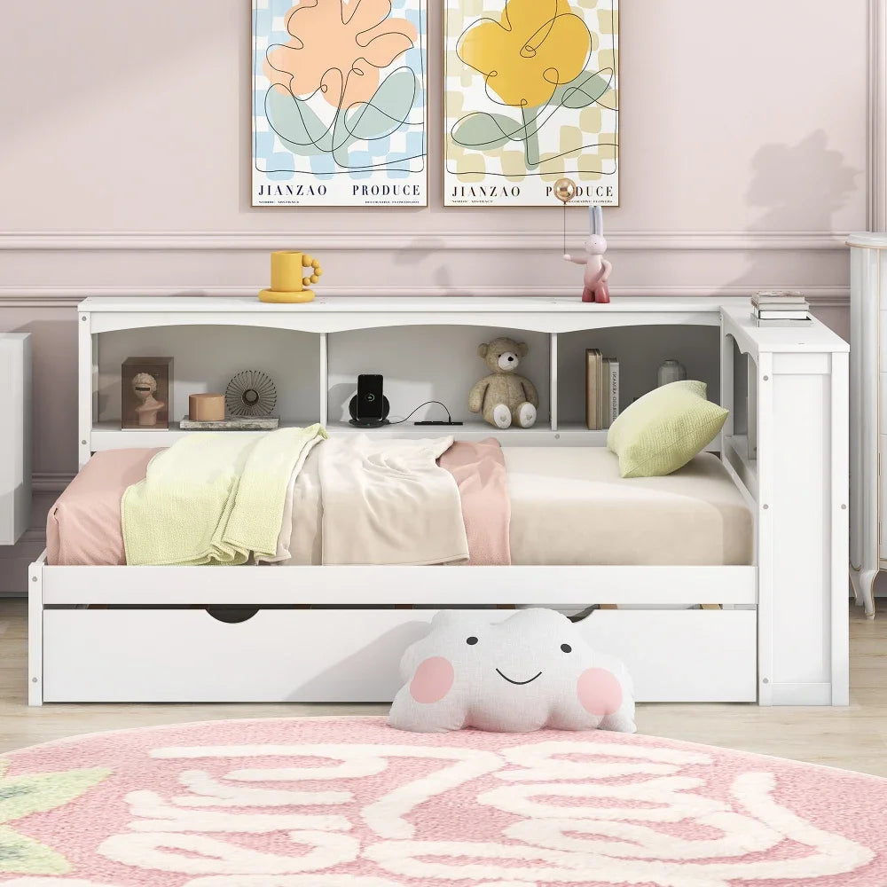 Lit de repos double avec lit gigogne, armoires de rangement et ports USB, lits superposés blancs pour enfants, lit pour garçons, lit pour tout-petits Camas Para Niñas