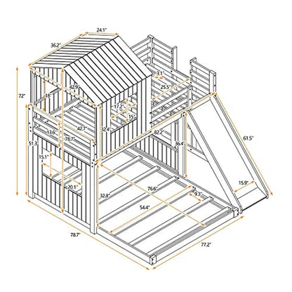 Wooden Playhouse Bunk Bed Slide Roof Guardrails Twin Full Ladder Kids Teens Boys Girls Fun Bedroom House Sleep Area 82.2"L x