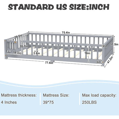 Lit double au sol pour enfants, lits au sol en bois avec garde-corps et porte amovible, cadre de lit multifonctionnel avec lattes pour garçons et filles