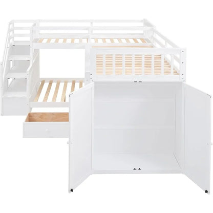 Lit superposé Twin-TwinOverFull en L avec bureau, lit triple pour enfants avec armoireLit superposé en bois avec 3 tiroirs et échelles pour enfants