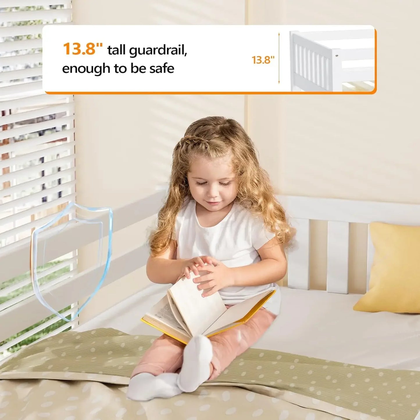 Lit mezzanine simple avec cadre de lit bas pour petits enfants, petite chambre/chambre à plafond bas avec garde-corps et échelle, blanc