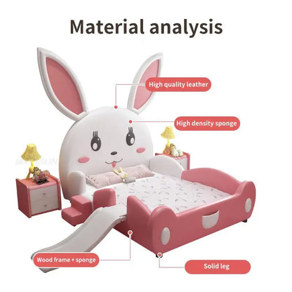 Cama de princesa rosa para niños de 3 a 16 años, muebles de madera maciza, linda cama con forma de conejo para dormitorio de niña con barandilla