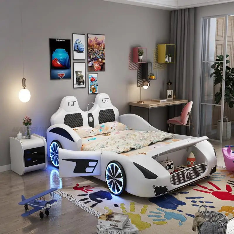 Cama doble Mavisun para niños con marco de coche de simulación de dibujos animados, luz azul fresca, amplia zona de descanso, muebles de dormitorio, cama para niños