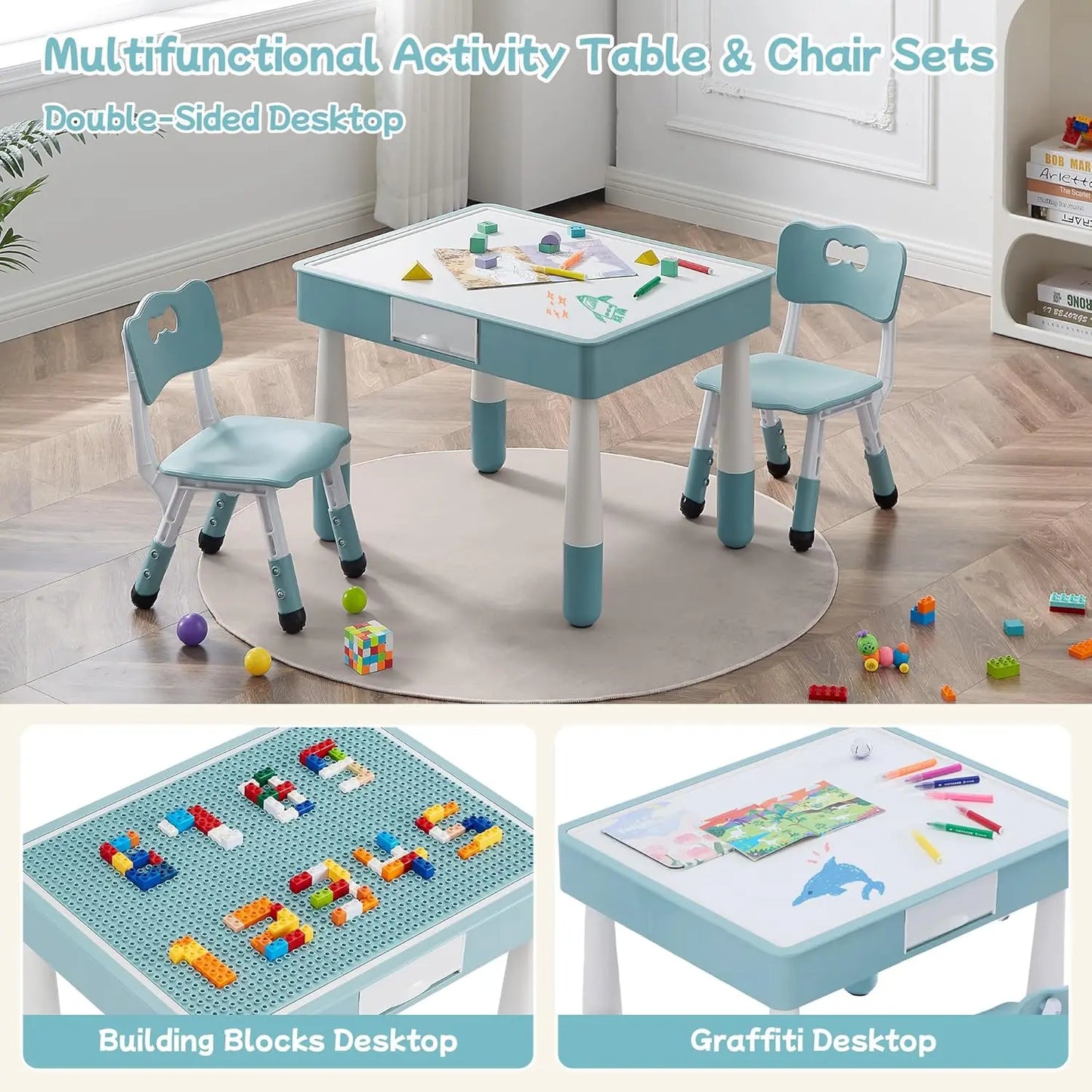 Ensemble 1 table et 2 chaises pour enfants, ensemble table et chaises pour tout-petits de 3 à 10 ans, table d'activités pour blocs de construction/dessin/lecture