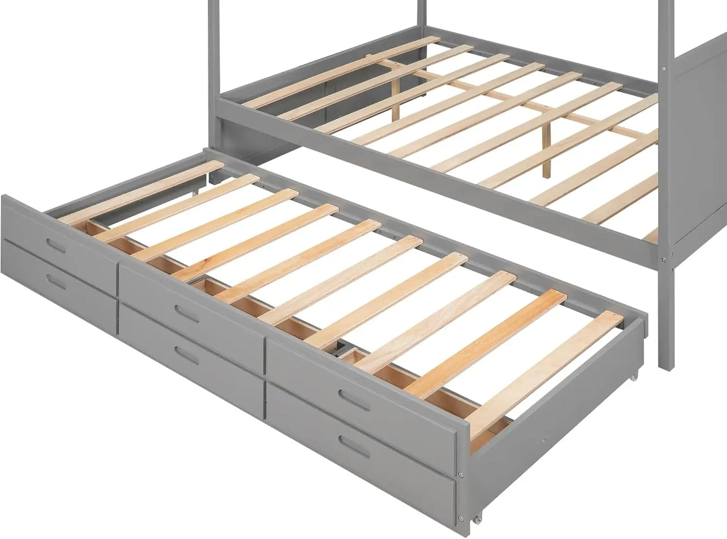 Cama con dosel tamaño queen con cama nido doble y tres cajones de almacenamiento, estructura de cama de madera para niños, adolescentes y niños