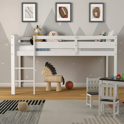 Twin Loft Bed, Solid Wood Low Loft Bed w/Guard Rail and Ladder, Boys & Girls Twin Bed for Kids Room, No Box Spring Needed, Class