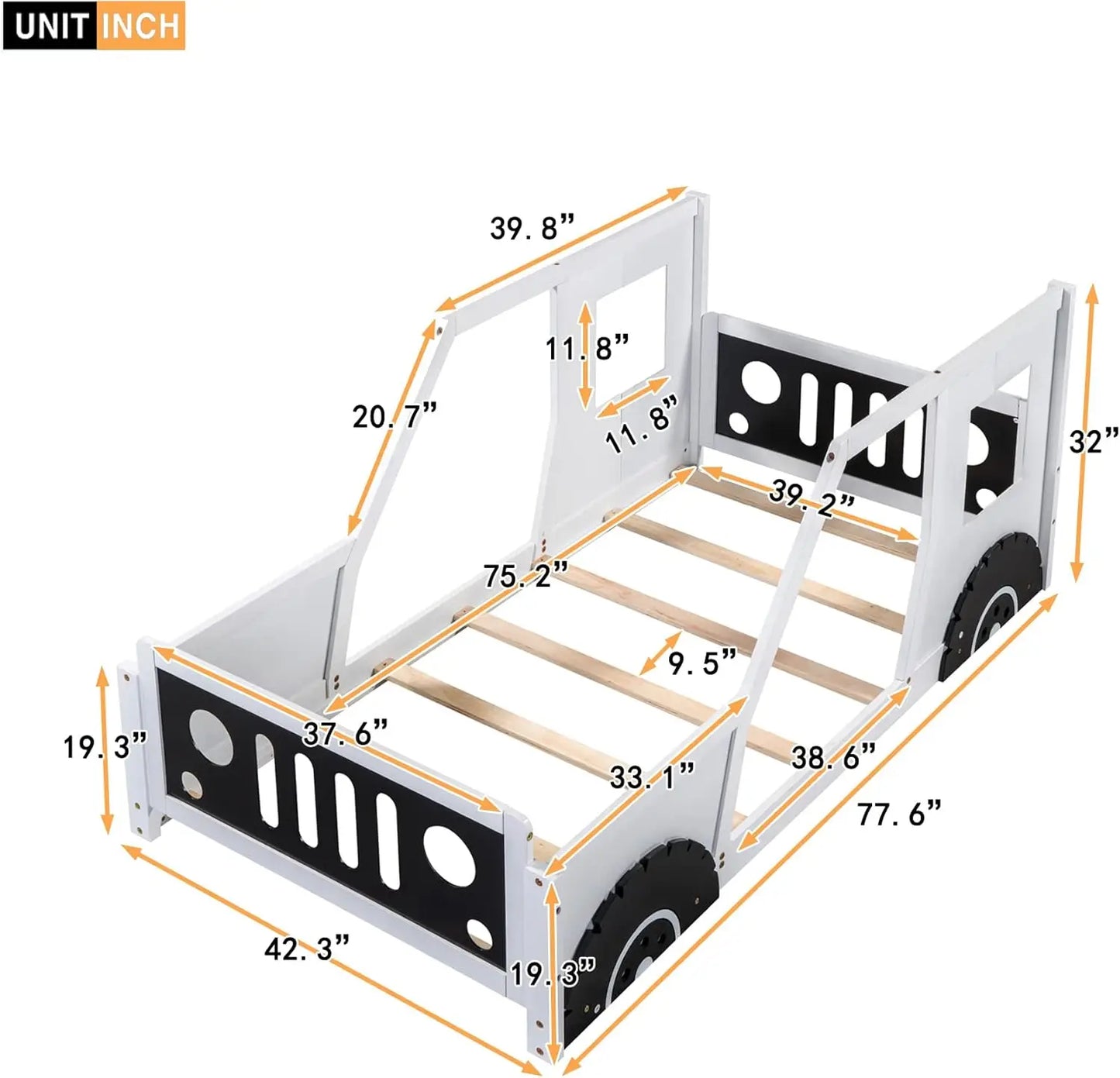 Twin Size Kids Bed, Classic Car-Shaped Platform Bed with Wheels, Wood Twin Montessori Floor Bed for Kids Boy Girls, Lightning Mc