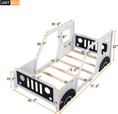 Twin Size Kids Bed, Classic Car-Shaped Platform Bed with Wheels, Wood Twin Montessori Floor Bed for Kids Boy Girls, Lightning Mc