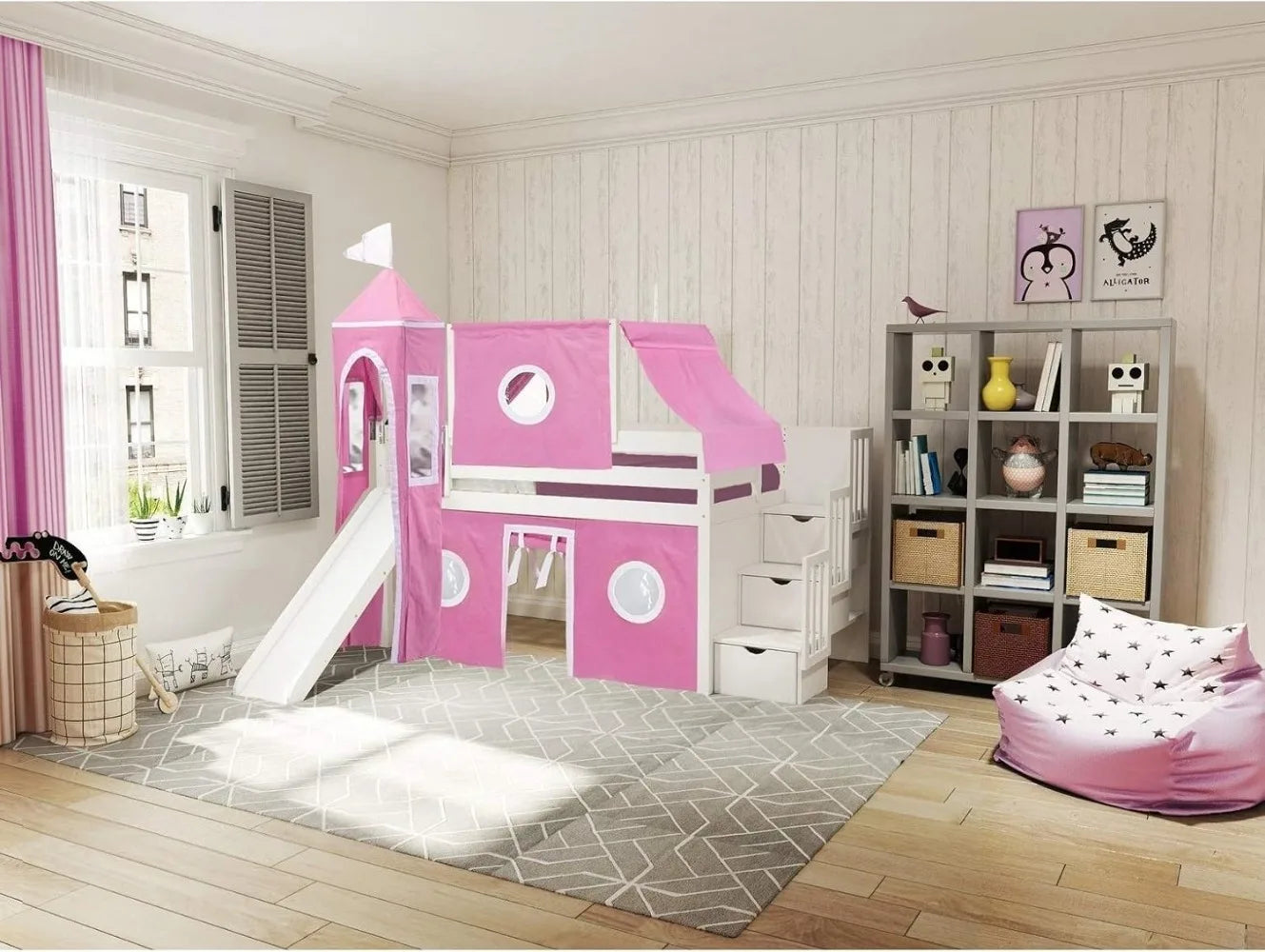 Lit mezzanine bas Princess avec toboggan et tente rose et blanche Lit mezzanine Twin Recommandé pour les enfants de 6 ans et plus