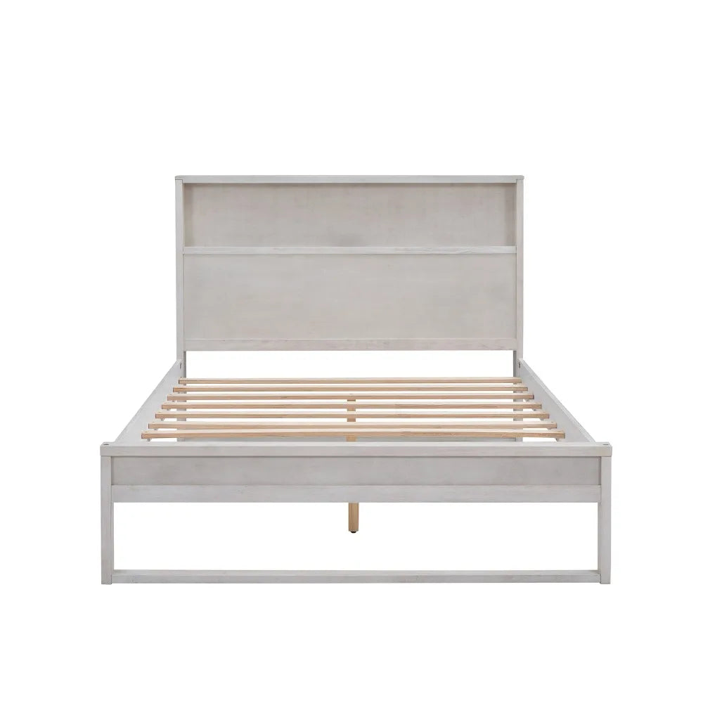 Cama de plataforma con cabecero con espacio de almacenamiento, enchufes y puertos USB, cama de plataforma de tamaño completo, cama para niños en color blanco antiguo