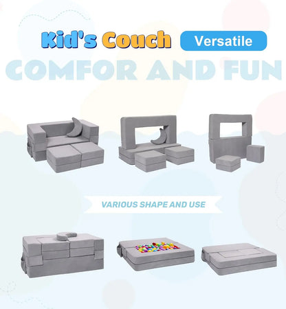 Sofá modular para niños, sillón de espuma para niños pequeños, juego de sofá de felpa convertible para niños, sofá cama plegable (gris)